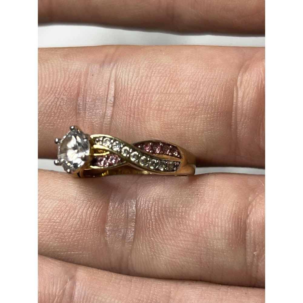 Danbury Mint Gold Plated Birthstone Ring,inscribed ADRIANNA Fashion Pink Clear